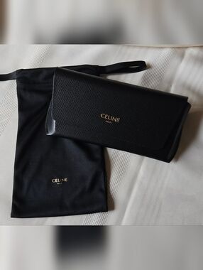 New Celine Black Textured Leather Sunglasses Case with Gold Logo